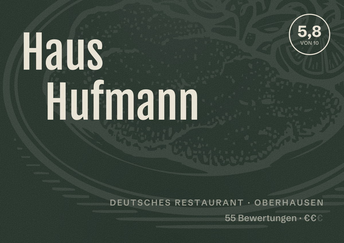 Illustriertes Poster von Haus Hufmann, Deutsches Restaurant in Oberhausen: Bewertung 5,8 von 10 aus 55 Bewertungen, Preisniveau €€
