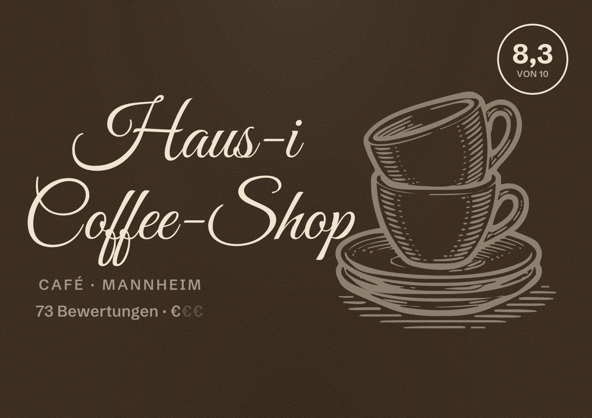 Illustriertes Poster von Haus-i Coffee-Shop, Café in Mannheim: Bewertung 8,3 von 10 aus 73 Bewertungen, Preisniveau €