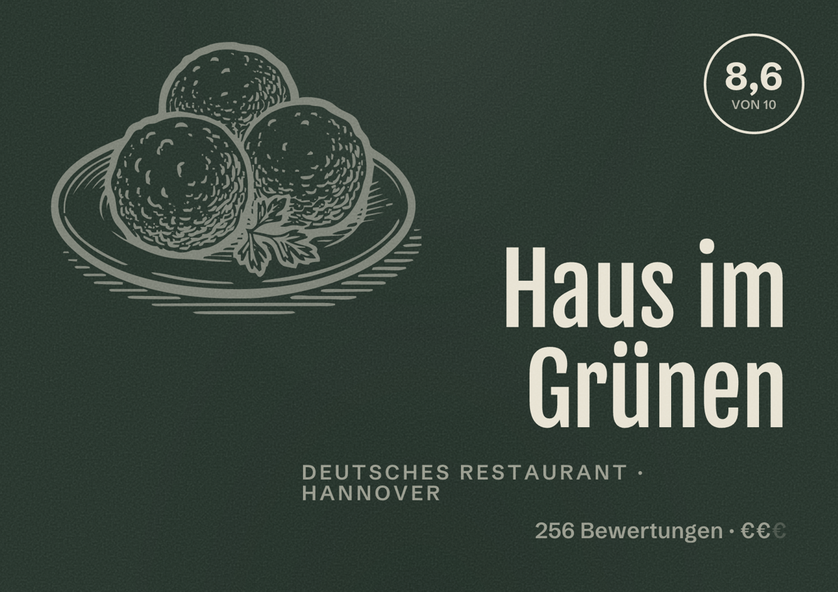 Illustriertes Poster von Haus im Grünen, Deutsches Restaurant in Hannover: Bewertung 8,6 von 10 aus 256 Bewertungen, Preisniveau €€