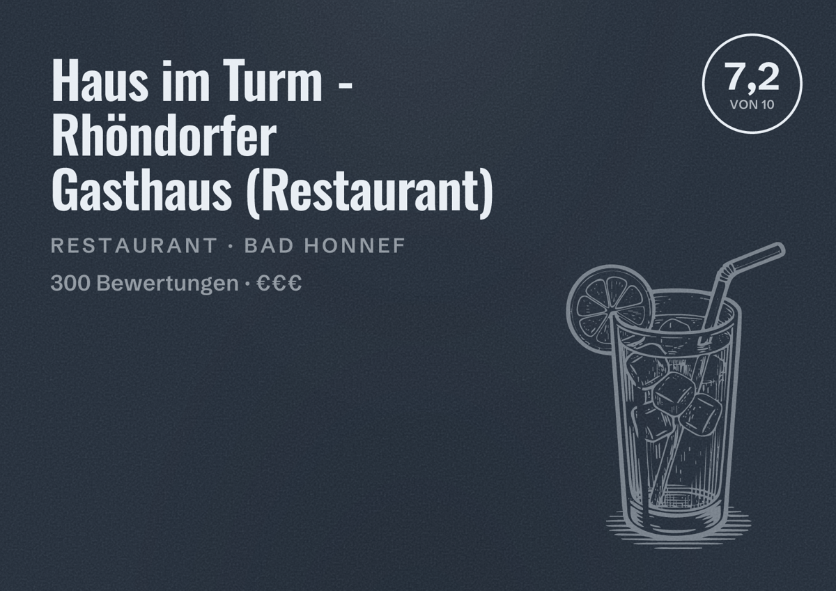 Illustriertes Poster von Haus im Turm - Rhöndorfer Gasthaus (Restaurant), Restaurant in Bad Honnef: Bewertung 7,2 von 10 aus 300 Bewertungen, Preisniveau €€€