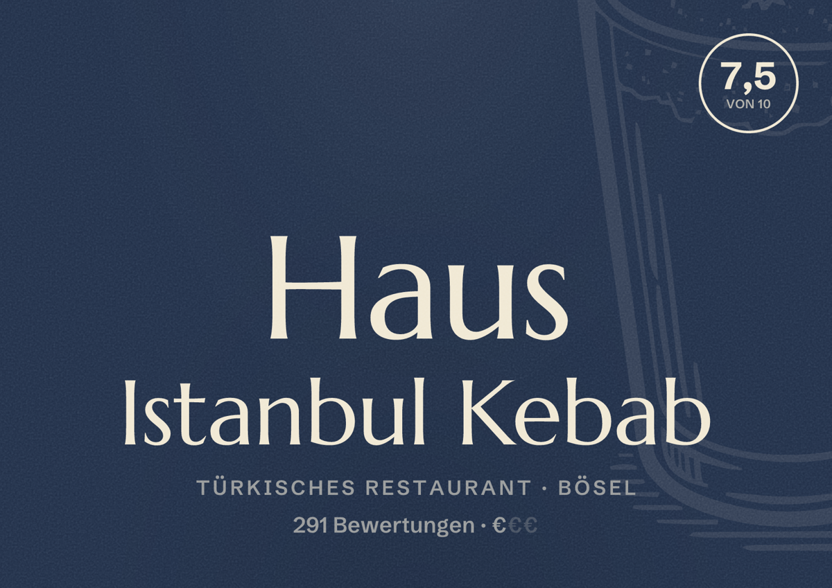 Illustriertes Poster von Haus Istanbul Kebab, Türkisches Restaurant in Bösel: Bewertung 7,5 von 10 aus 291 Bewertungen, Preisniveau €