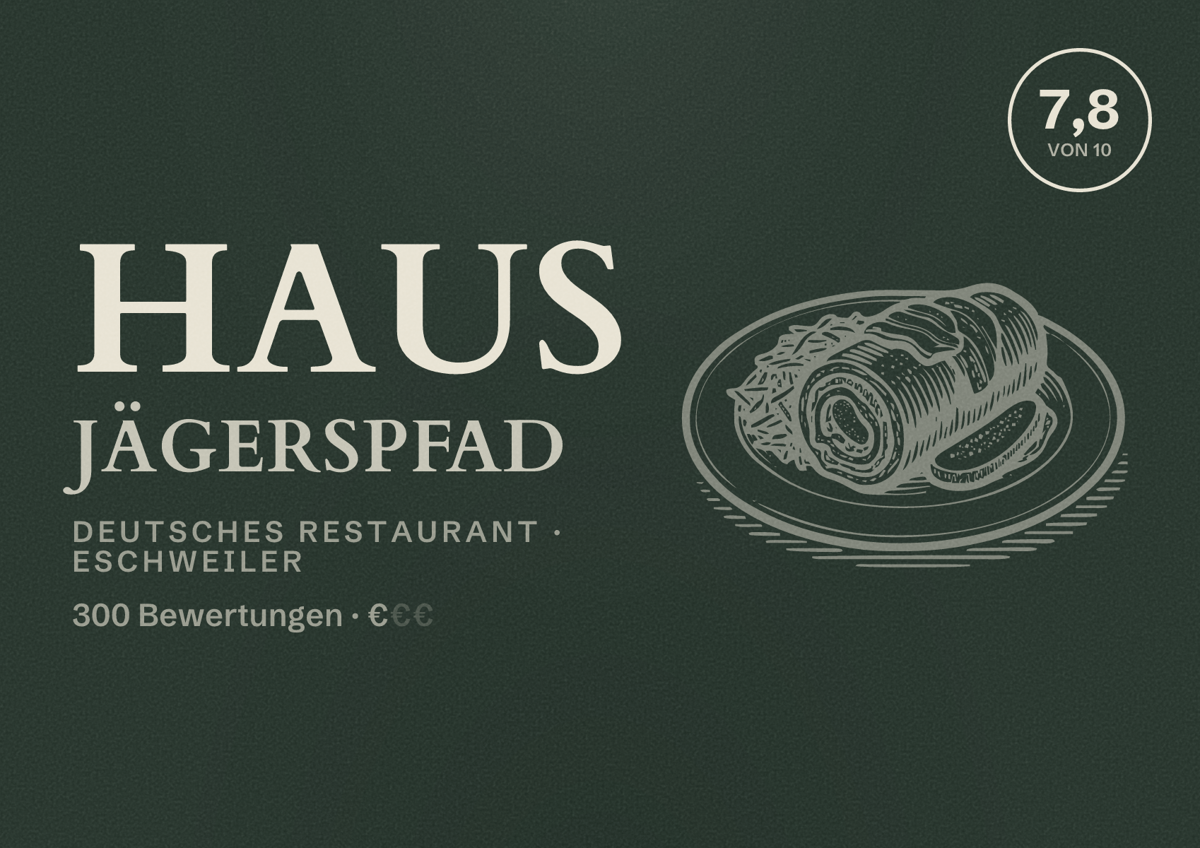 Illustriertes Poster von Haus Jägerspfad, Deutsches Restaurant in Eschweiler: Bewertung 7,8 von 10 aus 300 Bewertungen, Preisniveau €
