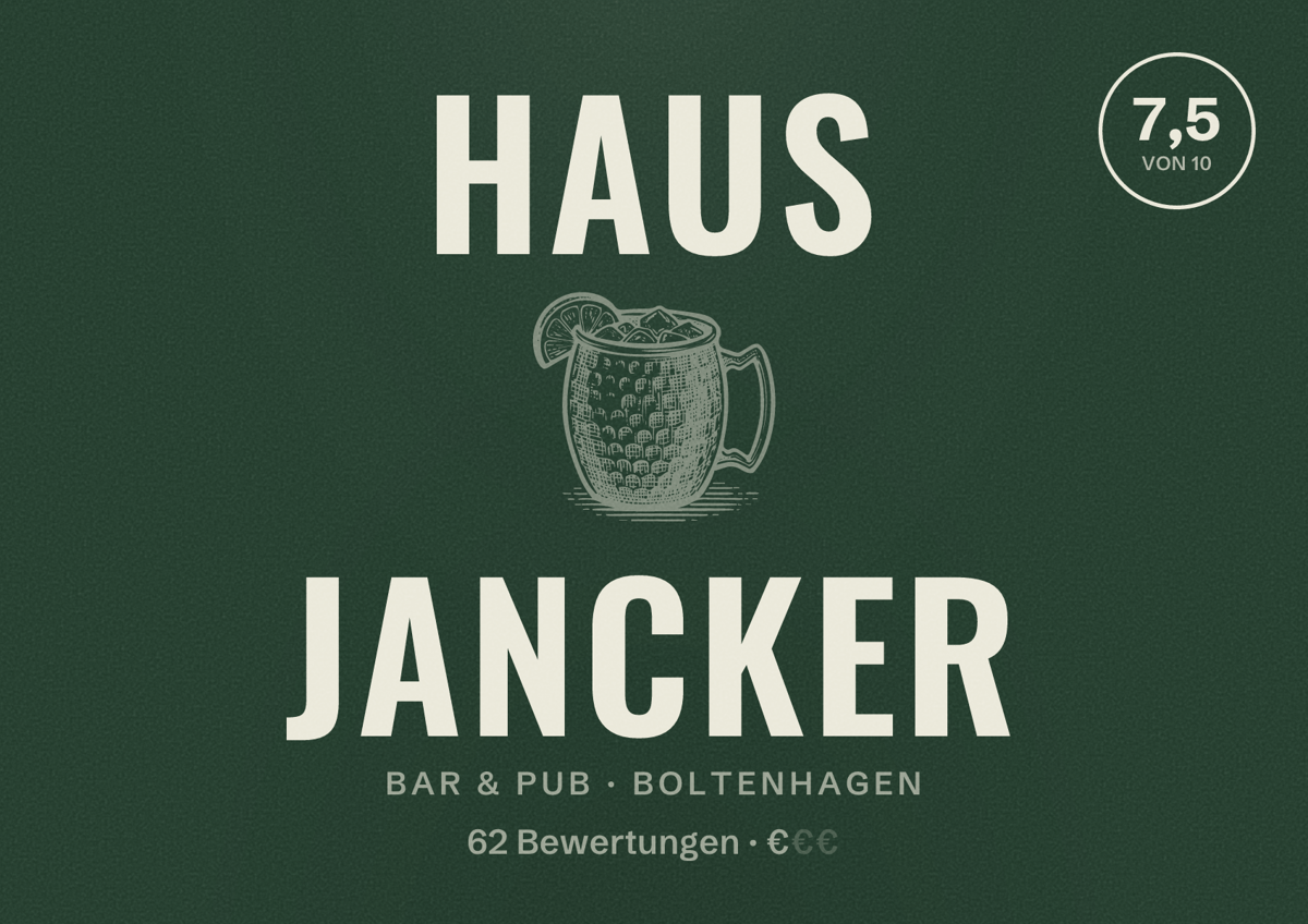Illustriertes Poster von Haus Jancker, Bar & Pub in Boltenhagen: Bewertung 7,5 von 10 aus 62 Bewertungen, Preisniveau €