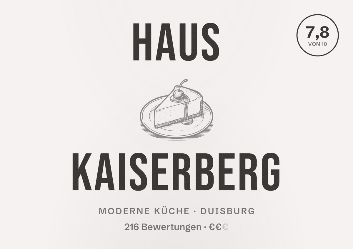 Illustriertes Poster von Haus Kaiserberg, Moderne Küche in Duisburg: Bewertung 7,8 von 10 aus 216 Bewertungen, Preisniveau €€