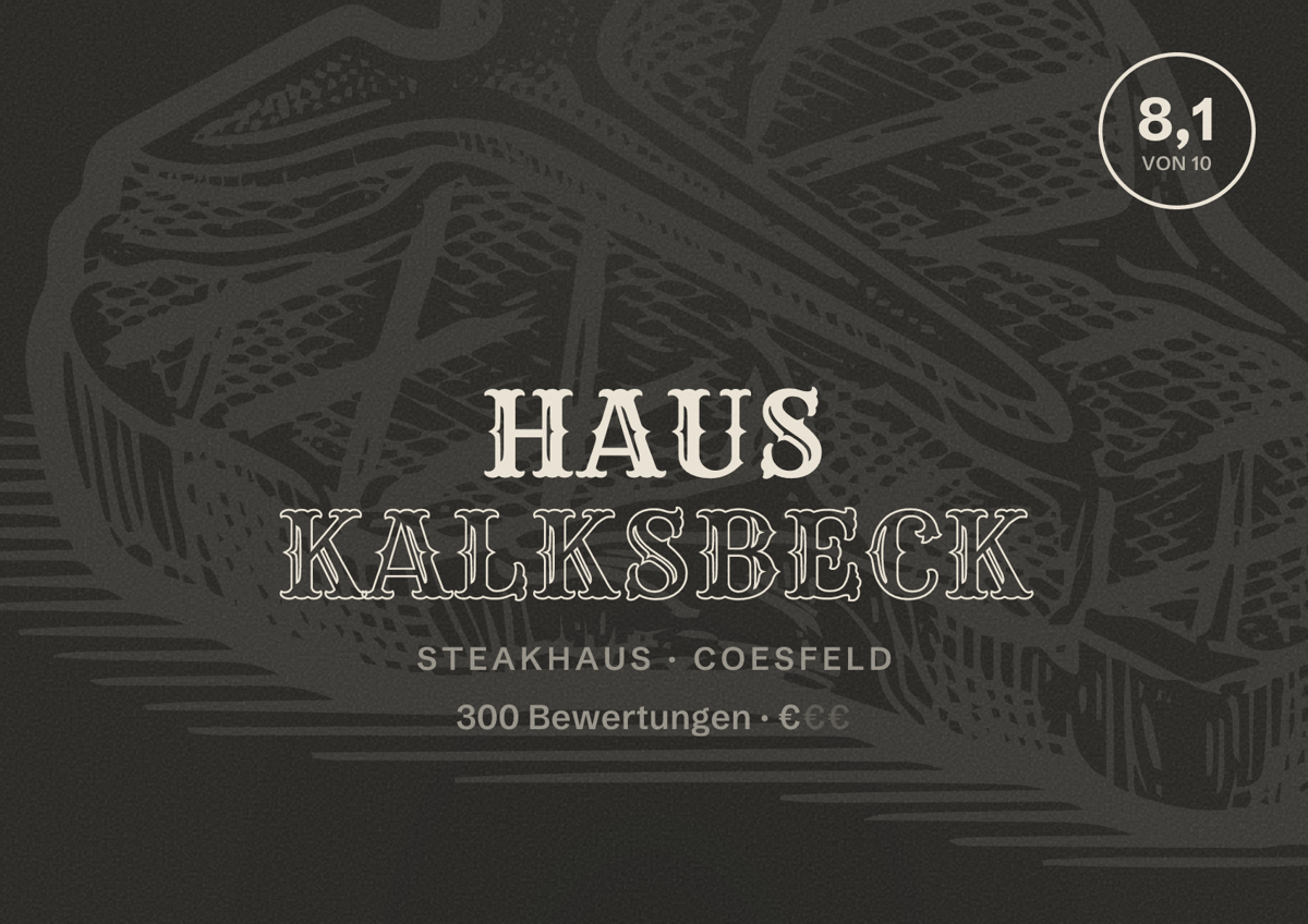 Illustriertes Poster von Haus Kalksbeck, Steakhaus in Coesfeld: Bewertung 8,1 von 10 aus 300 Bewertungen, Preisniveau €