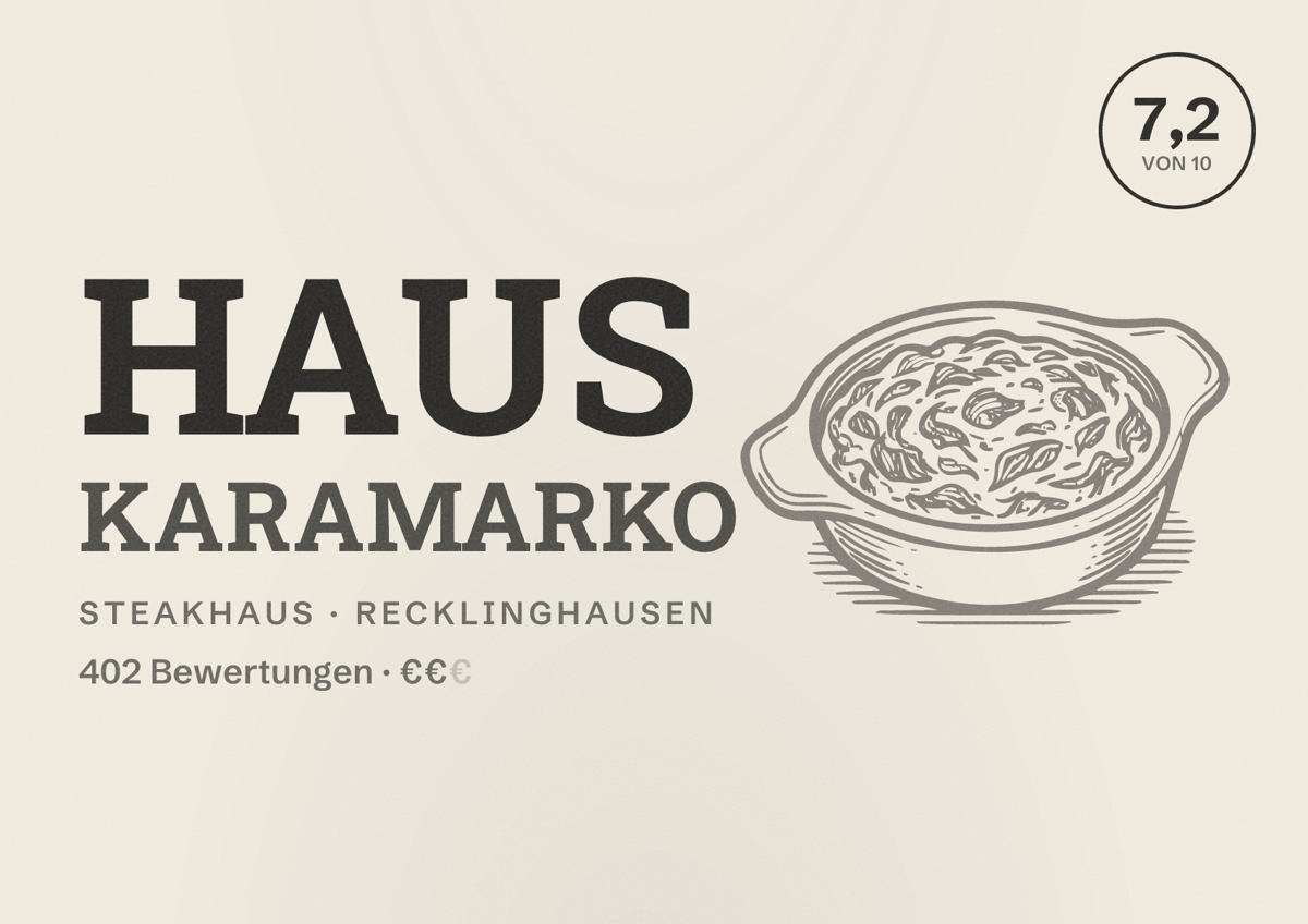 Illustriertes Poster von Haus Karamarko, Steakhaus in Recklinghausen: Bewertung 7,2 von 10 aus 402 Bewertungen, Preisniveau €€