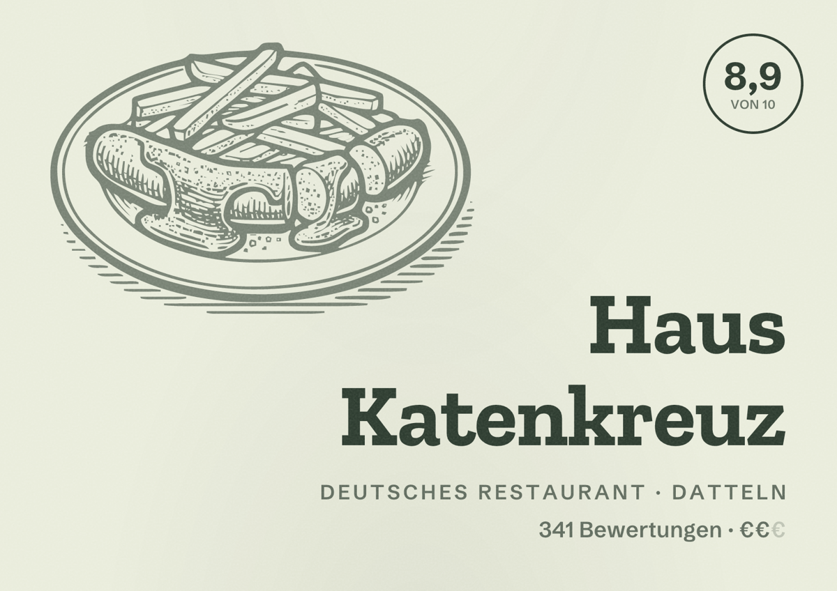 Illustriertes Poster von Haus Katenkreuz, Deutsches Restaurant in Datteln: Bewertung 8,9 von 10 aus 341 Bewertungen, Preisniveau €€