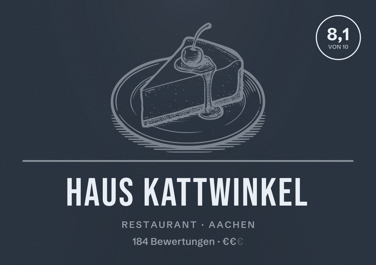 Illustriertes Poster von Haus Kattwinkel, Restaurant in Aachen: Bewertung 8,1 von 10 aus 184 Bewertungen, Preisniveau €€