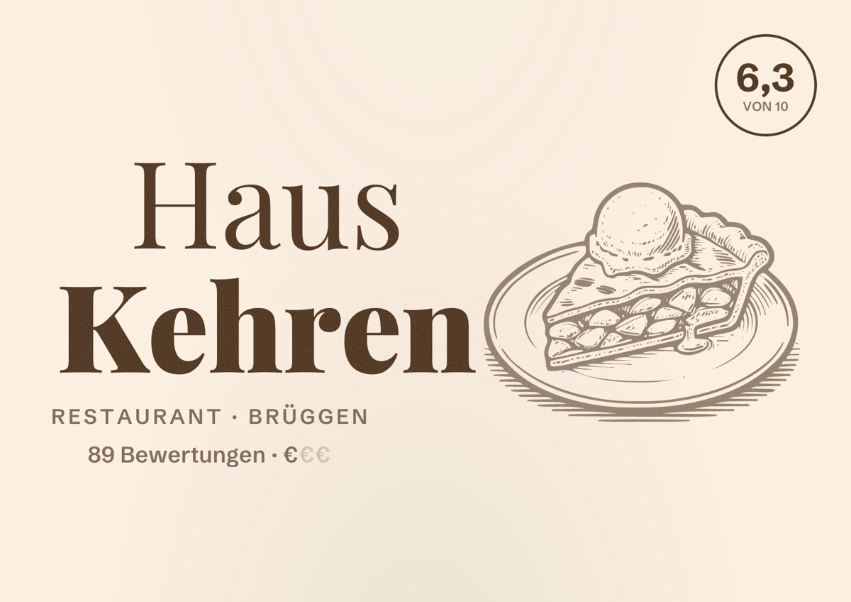 Illustriertes Poster von Haus Kehren, Restaurant in Brüggen: Bewertung 6,3 von 10 aus 89 Bewertungen, Preisniveau €