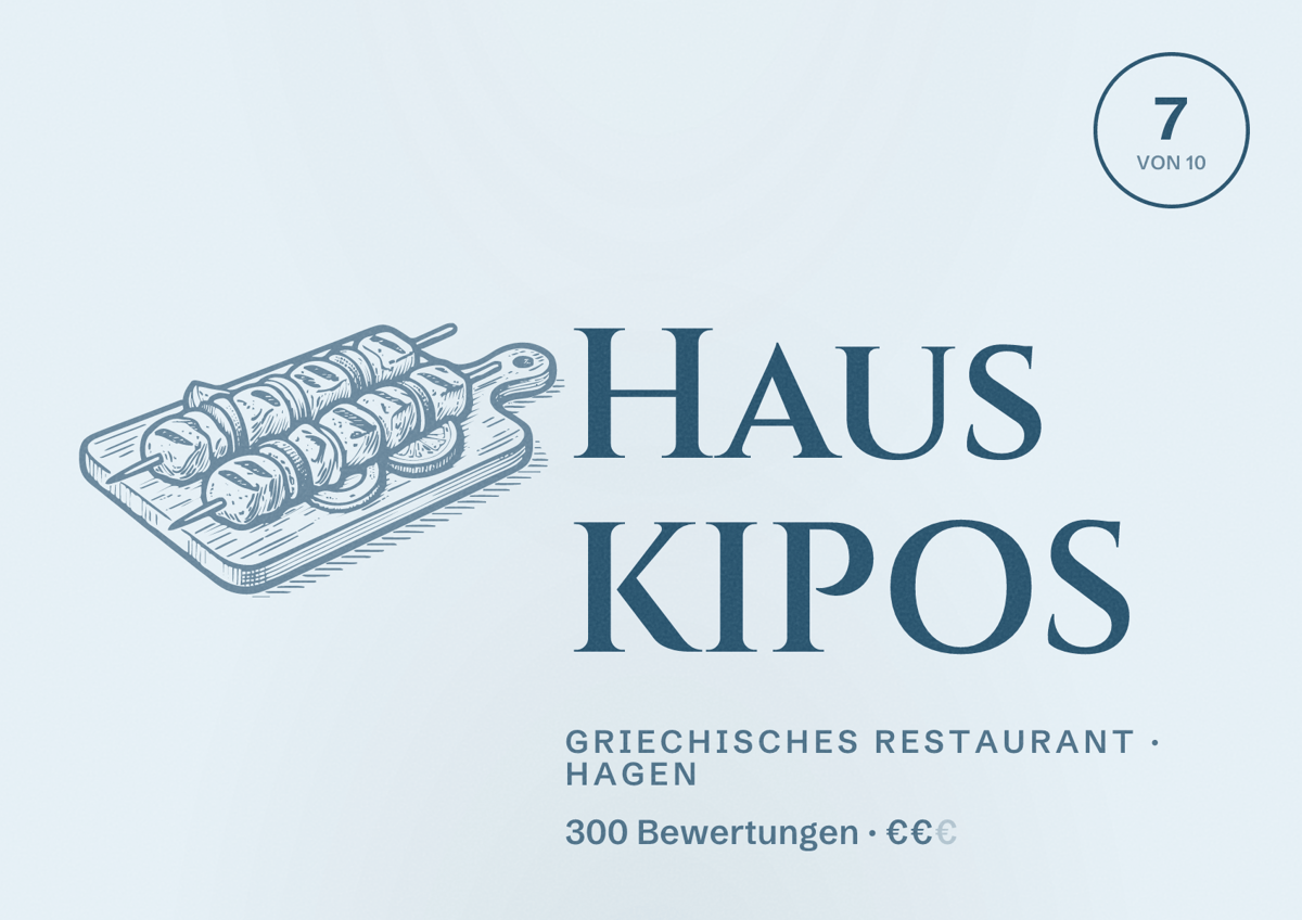 Illustriertes Poster von Haus KIPOS, Griechisches Restaurant in Hagen: Bewertung 7 von 10 aus 300 Bewertungen, Preisniveau €€