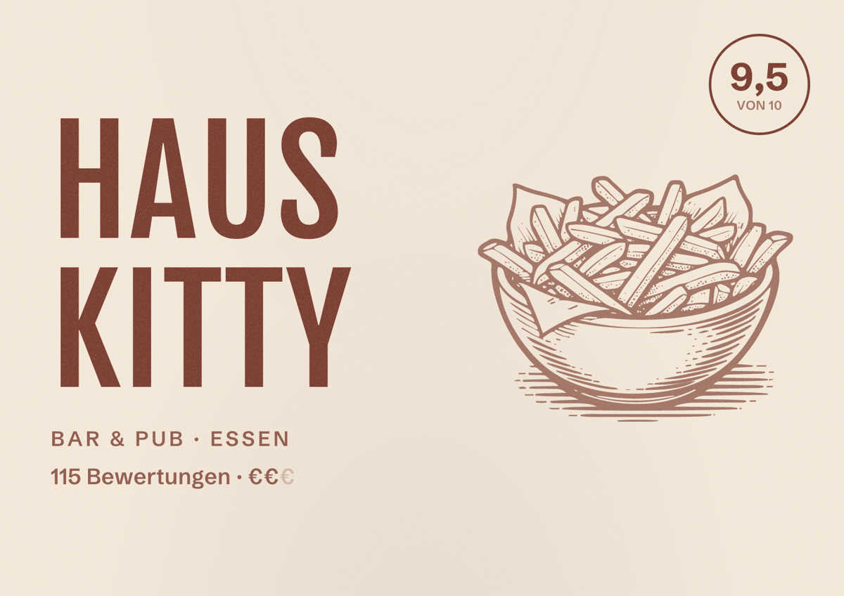 Illustriertes Poster von Haus Kitty, Bar & Pub in Essen: Bewertung 9,5 von 10 aus 115 Bewertungen, Preisniveau €€