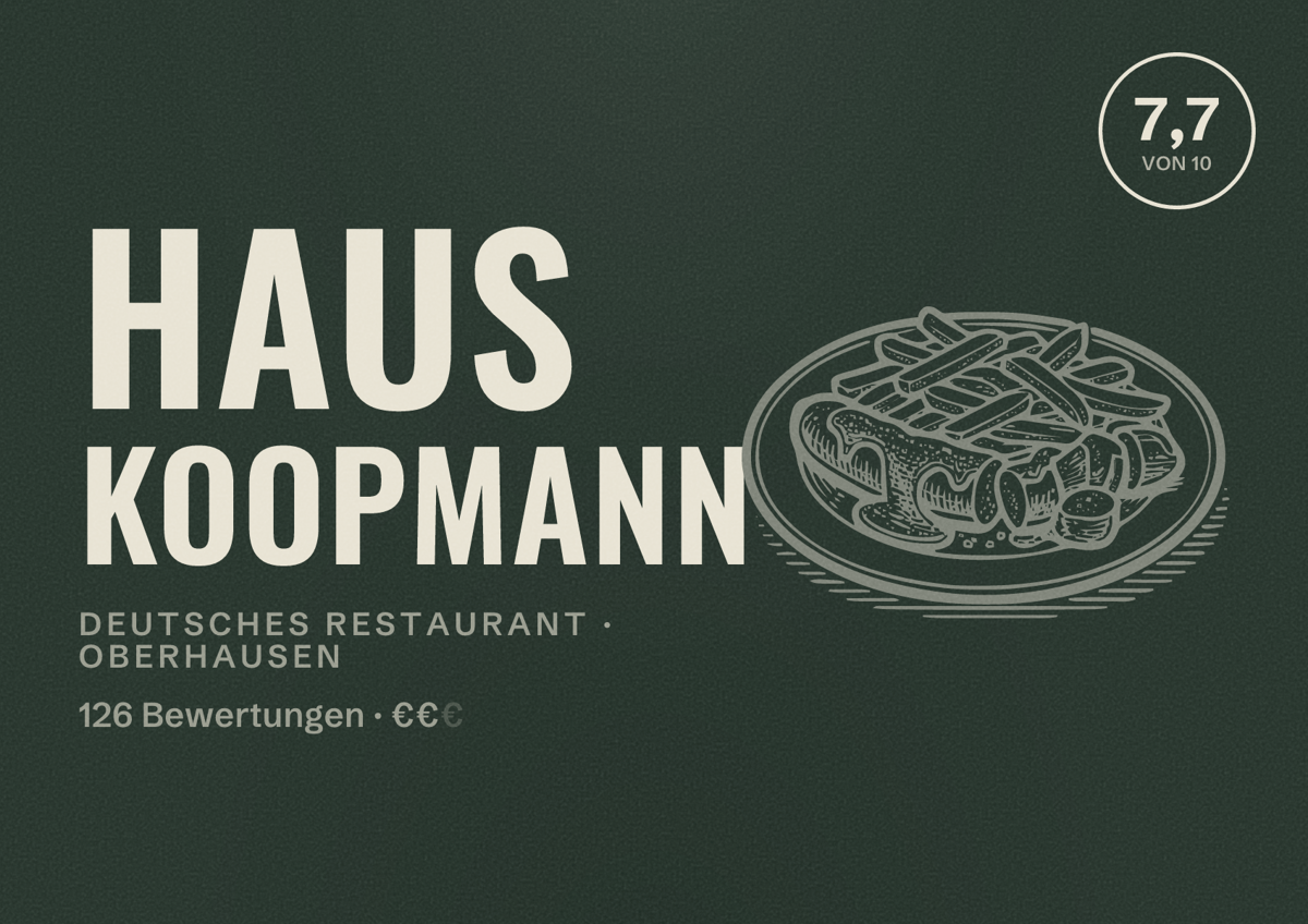 Illustriertes Poster von Haus Koopmann, Deutsches Restaurant in Oberhausen: Bewertung 7,7 von 10 aus 126 Bewertungen, Preisniveau €€