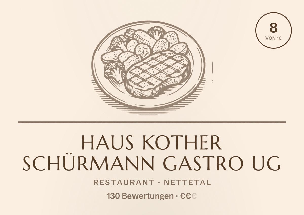 Illustriertes Poster von Haus Kother Schürmann Gastro UG, Restaurant in Nettetal: Bewertung 8 von 10 aus 130 Bewertungen, Preisniveau €€