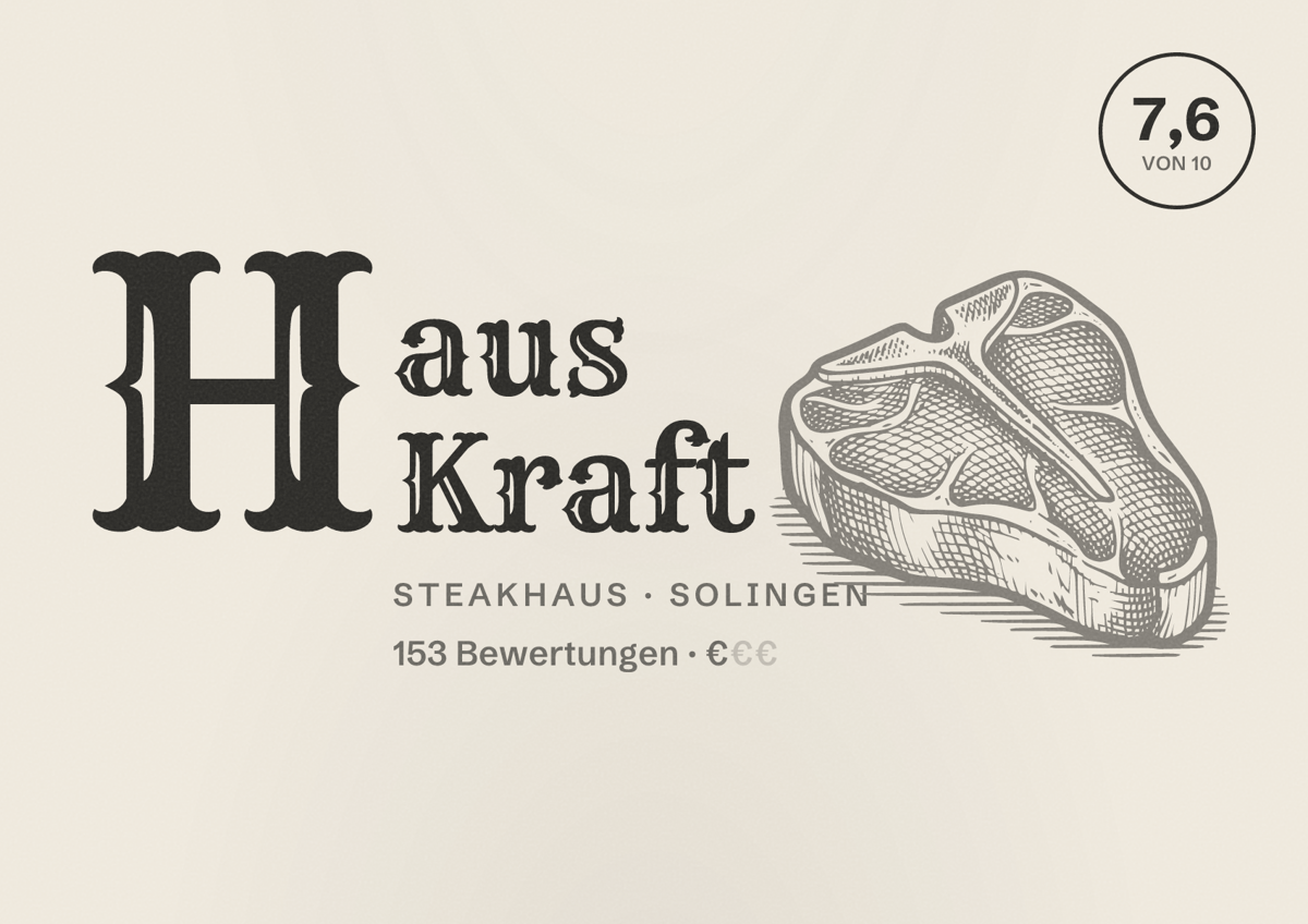 Illustriertes Poster von Haus Kraft, Steakhaus in Solingen: Bewertung 7,6 von 10 aus 153 Bewertungen, Preisniveau €