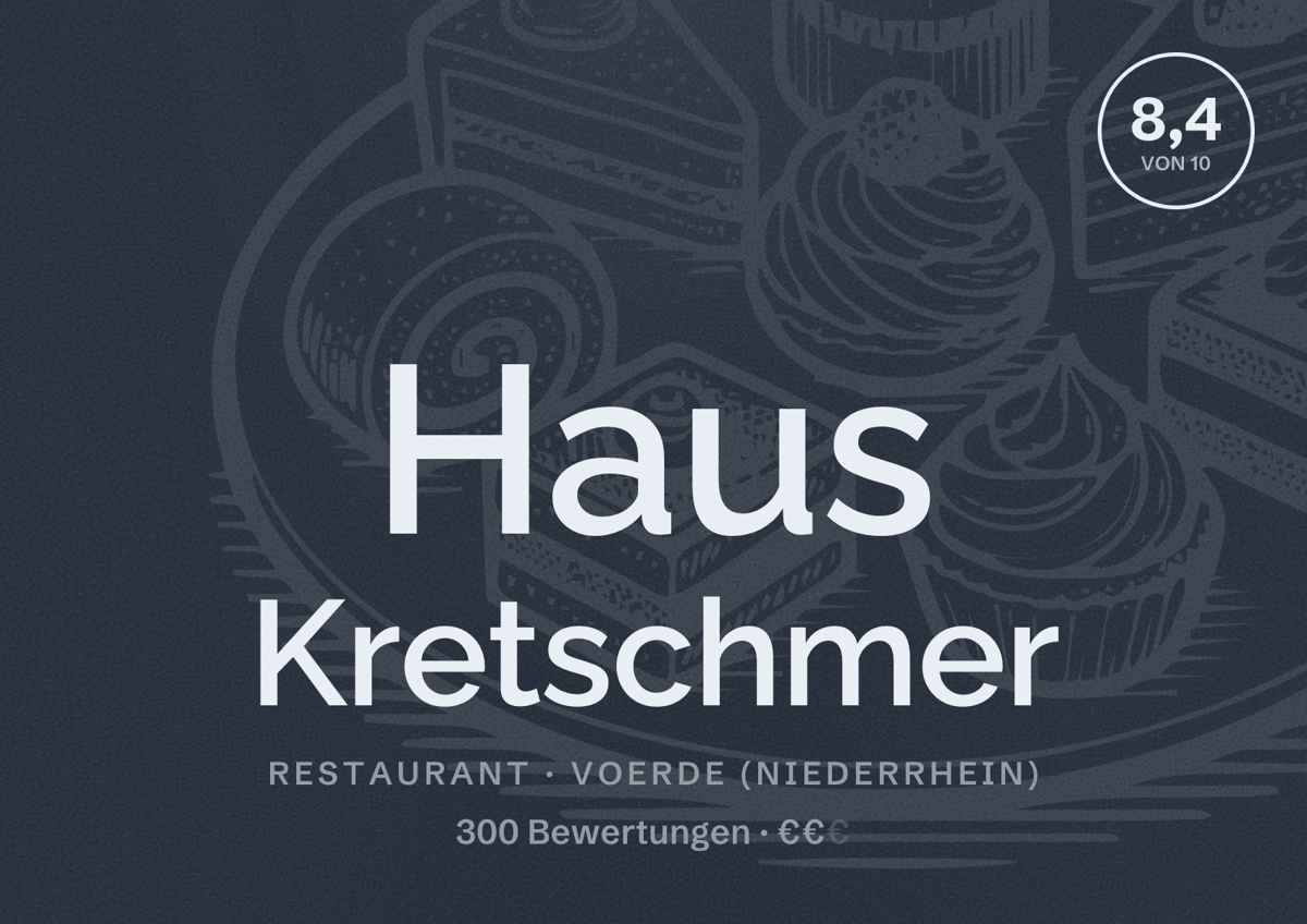 Illustriertes Poster von Haus Kretschmer, Restaurant in Voerde (Niederrhein): Bewertung 8,4 von 10 aus 300 Bewertungen, Preisniveau €€
