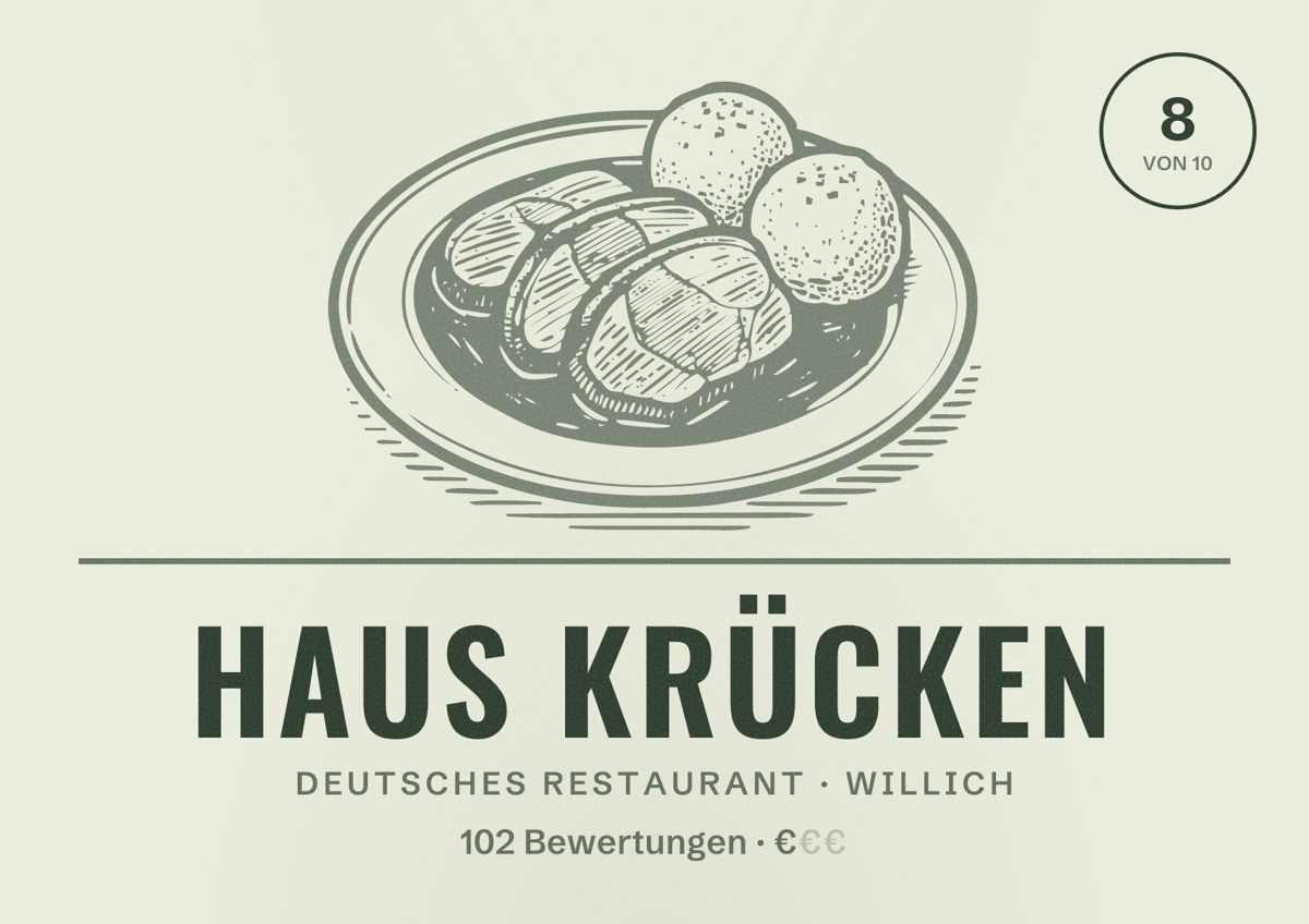 Illustriertes Poster von Haus Krücken, Deutsches Restaurant in Willich: Bewertung 8 von 10 aus 102 Bewertungen, Preisniveau €