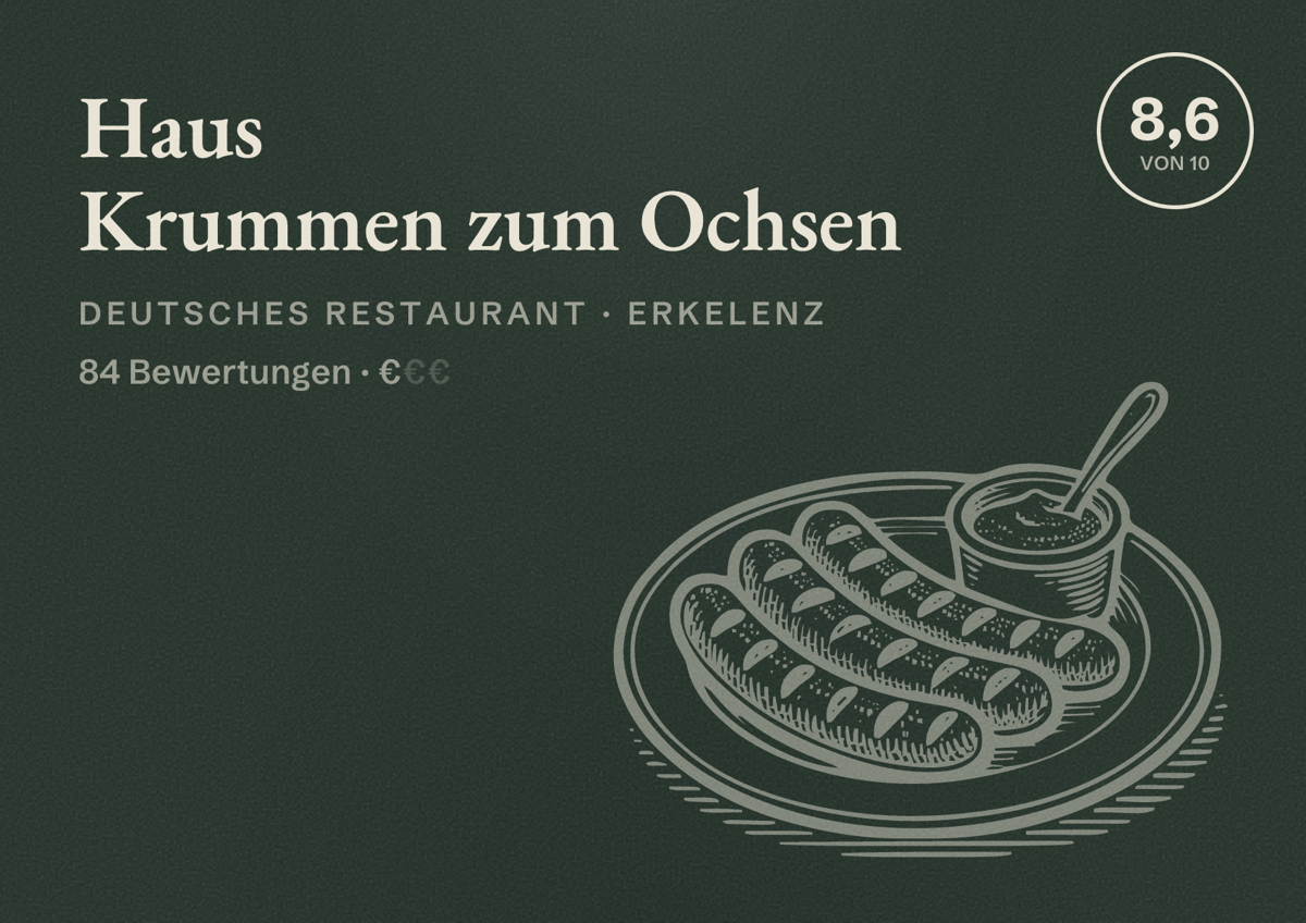 Illustriertes Poster von Haus Krummen zum Ochsen, Deutsches Restaurant in Erkelenz: Bewertung 8,6 von 10 aus 84 Bewertungen, Preisniveau €