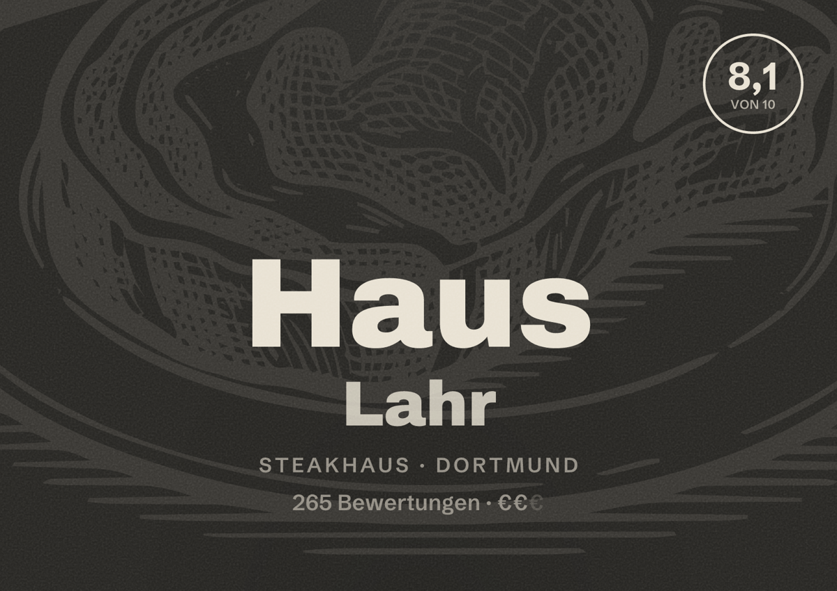 Illustriertes Poster von Haus Lahr, Steakhaus in Dortmund: Bewertung 8,1 von 10 aus 265 Bewertungen, Preisniveau €€