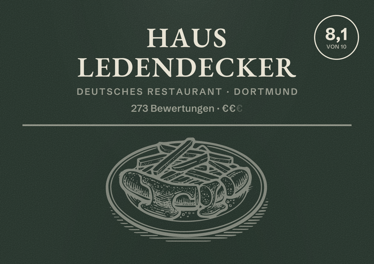 Illustriertes Poster von Haus Ledendecker, Deutsches Restaurant in Dortmund: Bewertung 8,1 von 10 aus 273 Bewertungen, Preisniveau €€