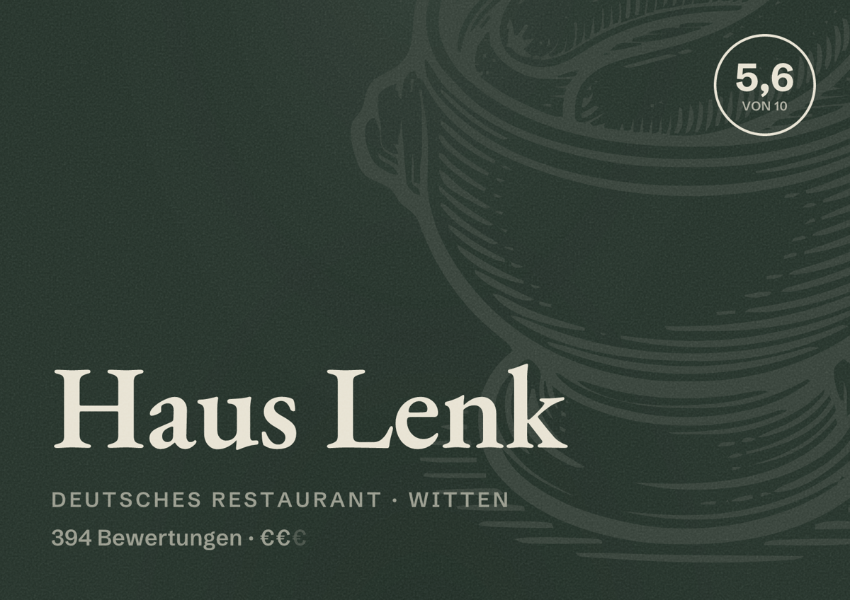 Illustriertes Poster von Haus Lenk, Deutsches Restaurant in Witten: Bewertung 5,6 von 10 aus 394 Bewertungen, Preisniveau €€