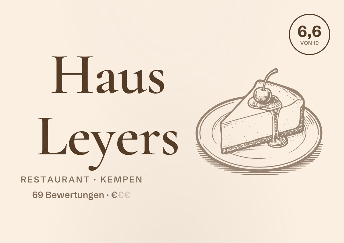 Illustriertes Poster von Haus Leyers, Restaurant in Kempen: Bewertung 6,6 von 10 aus 69 Bewertungen, Preisniveau €