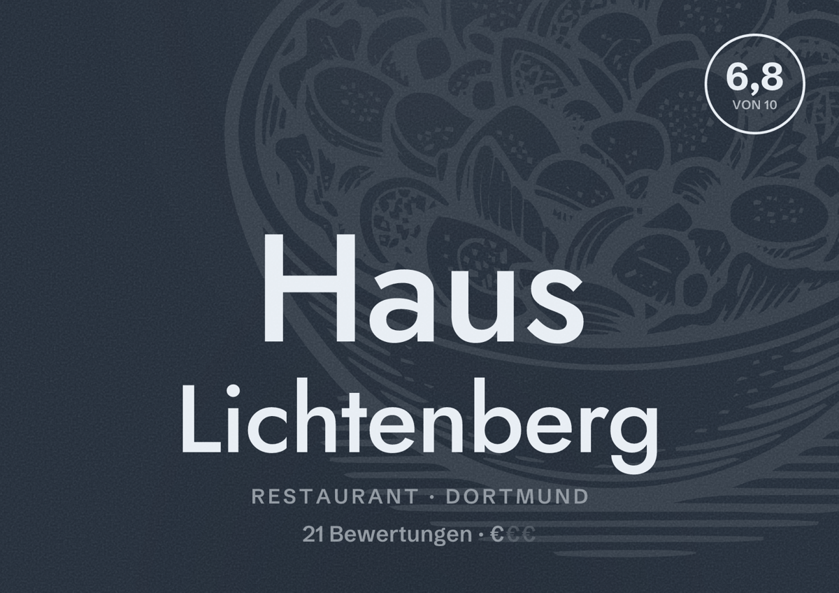 Illustriertes Poster von Haus Lichtenberg, Restaurant in Dortmund: Bewertung 6,8 von 10 aus 21 Bewertungen, Preisniveau €