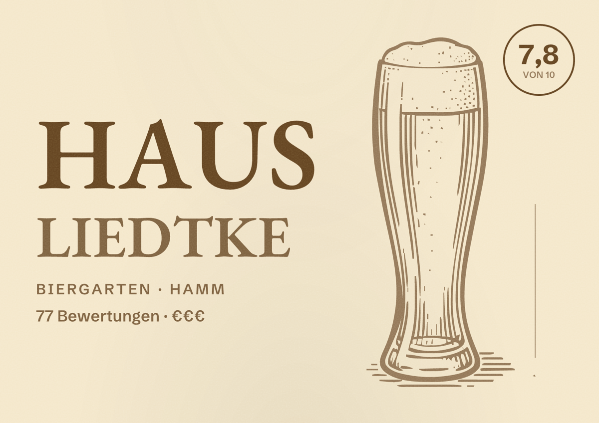 Illustriertes Poster von Haus Liedtke, Biergarten in Hamm: Bewertung 7,8 von 10 aus 77 Bewertungen, Preisniveau €€€