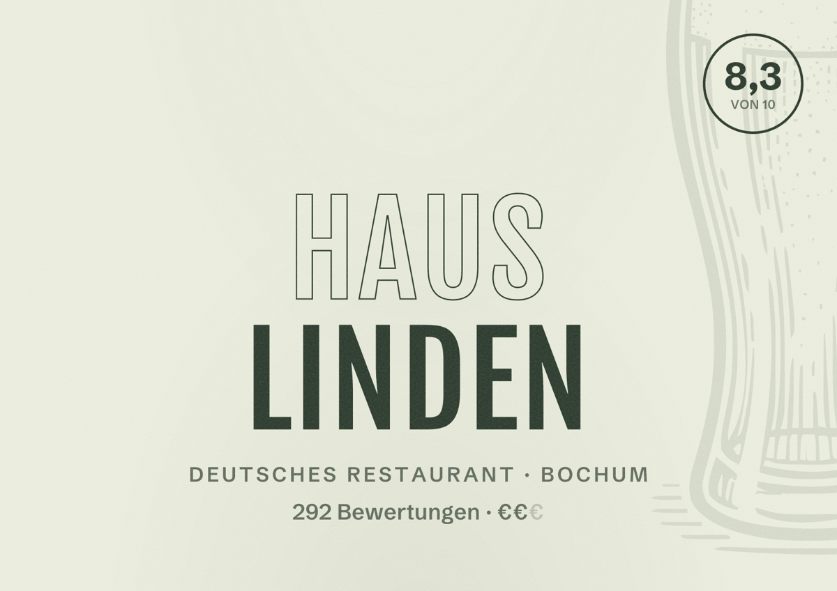 Illustriertes Poster von Haus Linden, Deutsches Restaurant in Bochum: Bewertung 8,3 von 10 aus 292 Bewertungen, Preisniveau €€