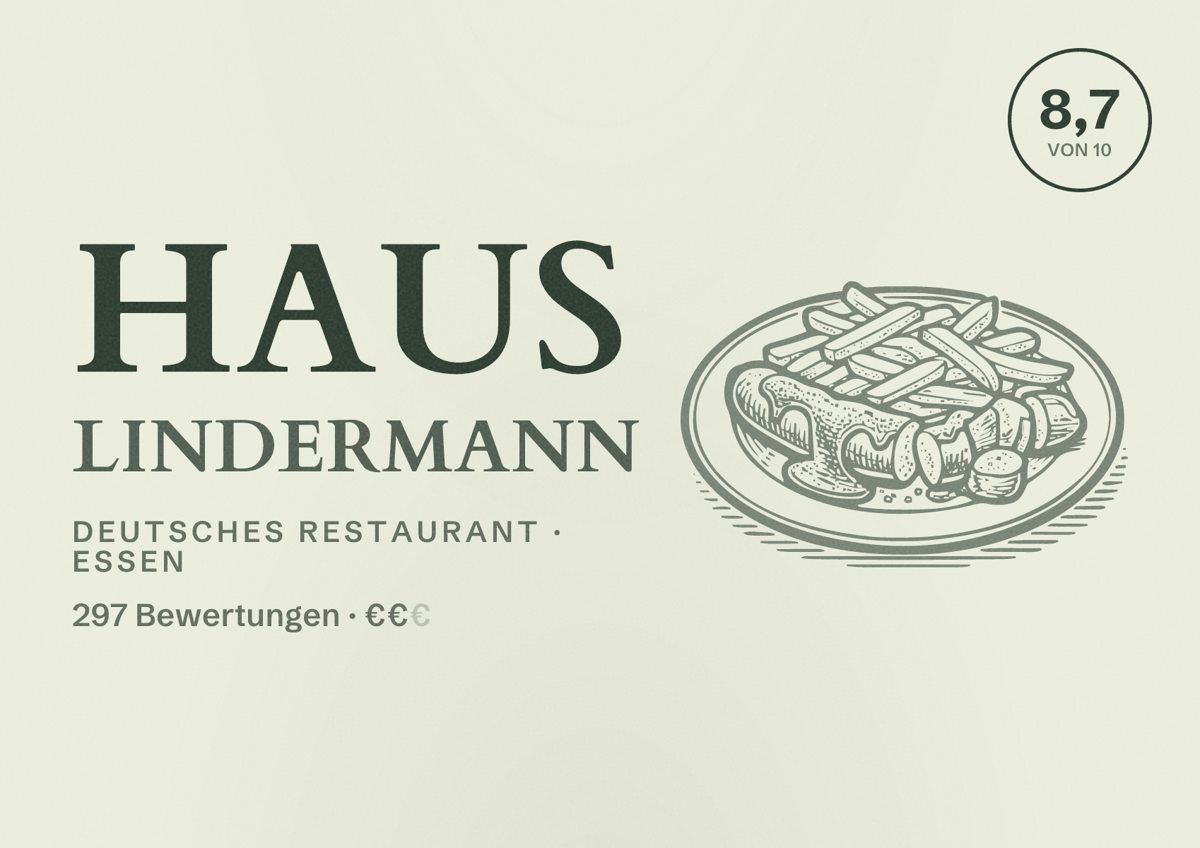 Illustriertes Poster von Haus Lindermann, Deutsches Restaurant in Essen: Bewertung 8,7 von 10 aus 297 Bewertungen, Preisniveau €€