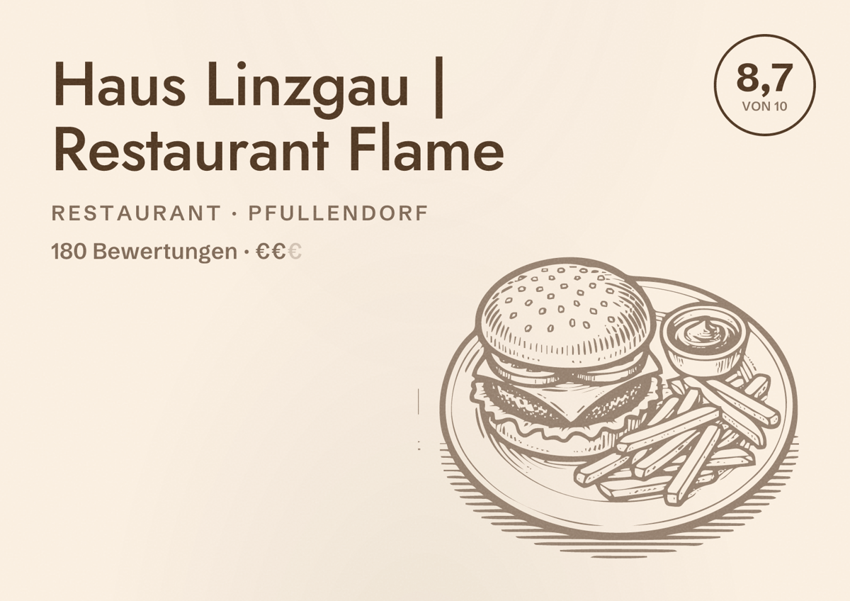 Illustriertes Poster von Haus Linzgau | Restaurant Flame, Restaurant in Pfullendorf: Bewertung 8,7 von 10 aus 180 Bewertungen, Preisniveau €€