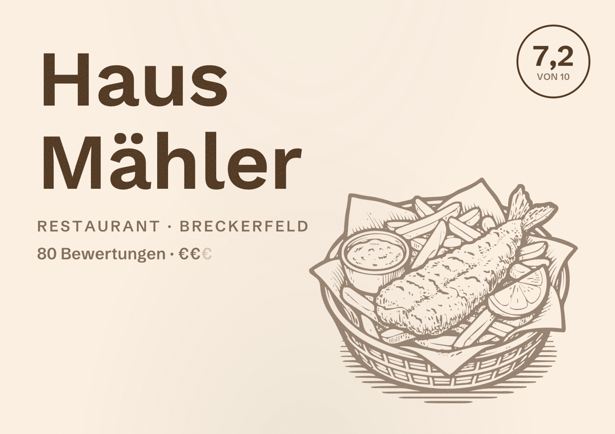 Illustriertes Poster von Haus Mähler, Restaurant in Breckerfeld: Bewertung 7,2 von 10 aus 80 Bewertungen, Preisniveau €€