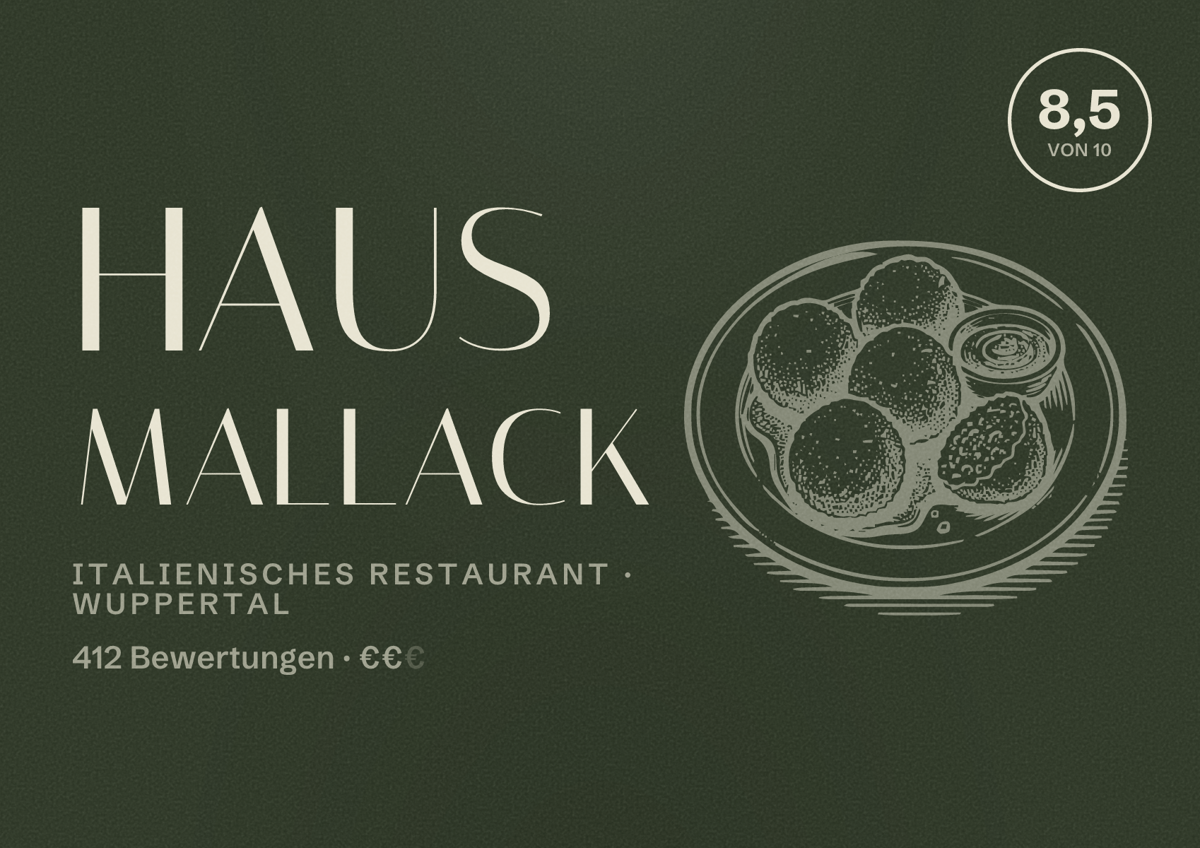 Illustriertes Poster von Haus Mallack, Italienisches Restaurant in Wuppertal: Gästebewertung 8,5 von 10 aus 412 Bewertungen
