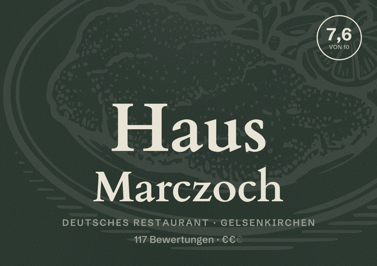 Illustriertes Poster von Haus Marczoch, Deutsches Restaurant in Gelsenkirchen: Bewertung 7,6 von 10 aus 117 Bewertungen, Preisniveau €€