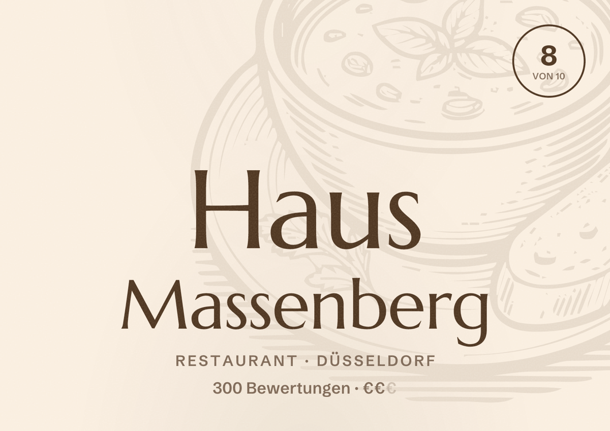Illustriertes Poster von Haus Massenberg, Restaurant in Düsseldorf: Bewertung 8,0 von 10 aus 300 Bewertungen, Preisniveau €€