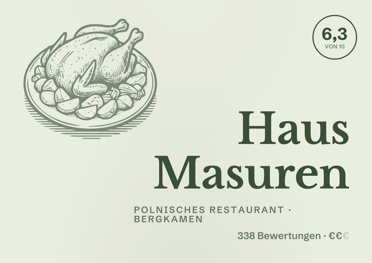 Illustriertes Poster von Haus Masuren, Polnisches Restaurant in Bergkamen: Gästebewertung 6,3 von 10 aus 338 Bewertungen