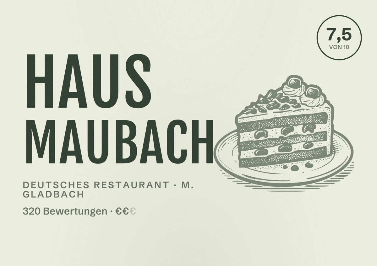 Illustriertes Poster von Haus Maubach, Deutsches Restaurant in M. Gladbach: Bewertung 7,5 von 10 aus 320 Bewertungen, Preisniveau €€