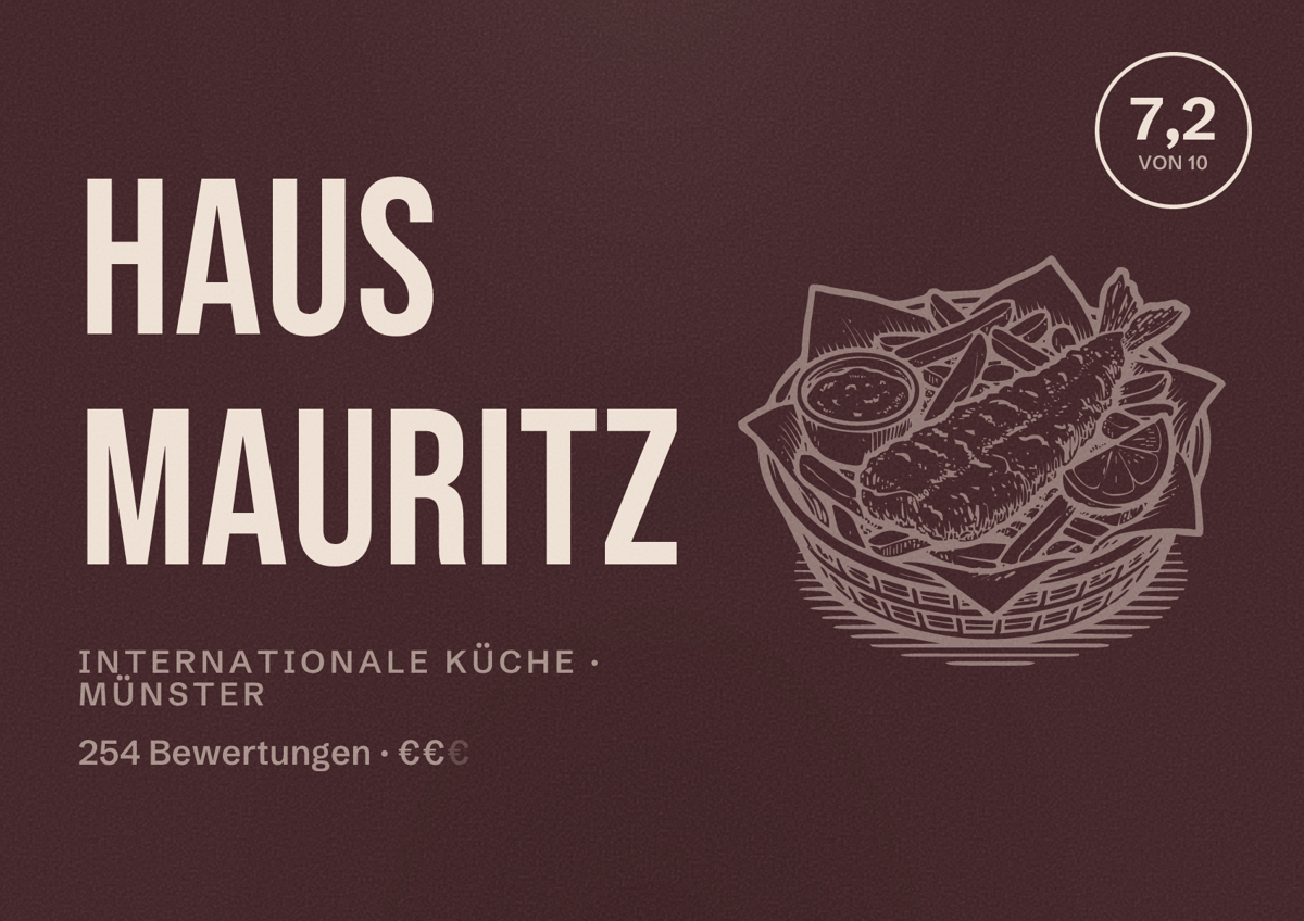 Illustriertes Poster von Haus Mauritz, Internationale Küche in Münster: Bewertung 7,2 von 10 aus 254 Bewertungen, Preisniveau €€