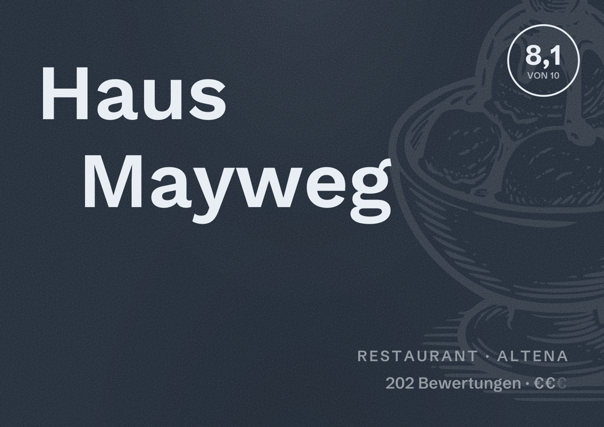 Illustriertes Poster von Haus Mayweg, Restaurant in Altena: Bewertung 8,1 von 10 aus 202 Bewertungen, Preisniveau €€
