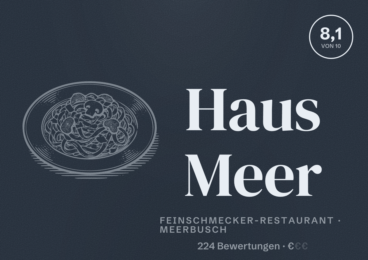 Illustriertes Poster von Haus Meer, Feinschmecker-Restaurant in Meerbusch: Bewertung 8,1 von 10 aus 224 Bewertungen, Preisniveau €