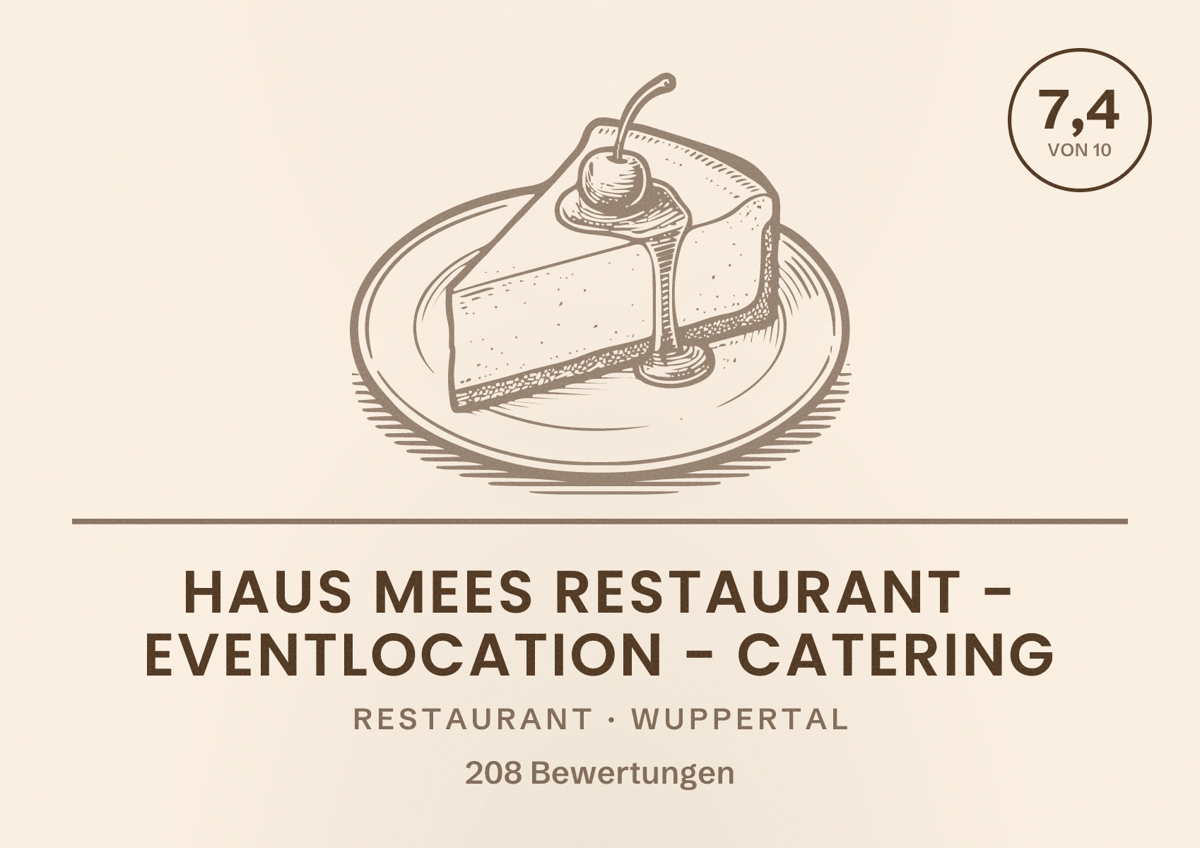 Illustriertes Poster von Haus Mees Restaurant - Eventlocation - Catering, Restaurant in Wuppertal: Bewertung 7,4 von 10 aus 208 Bewertungen
