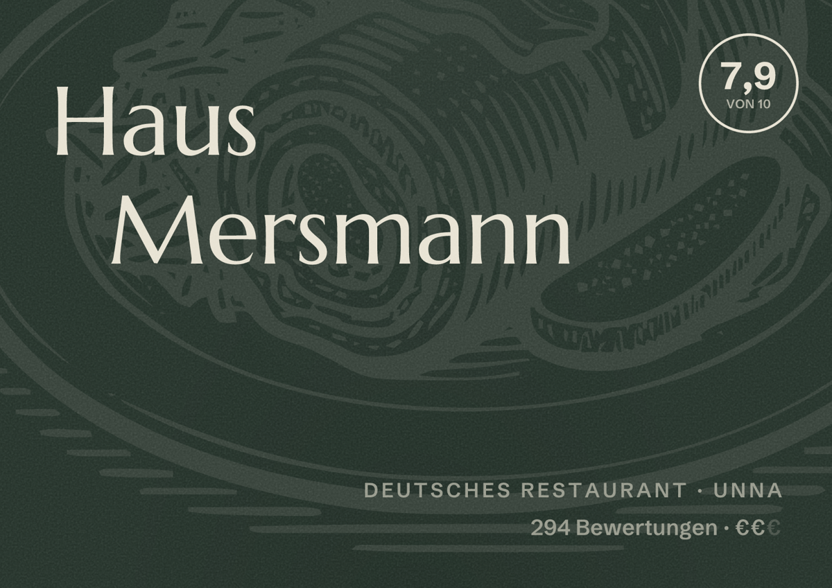 Illustriertes Poster von Haus Mersmann, Deutsches Restaurant in Unna: Bewertung 7,9 von 10 aus 294 Bewertungen, Preisniveau €€