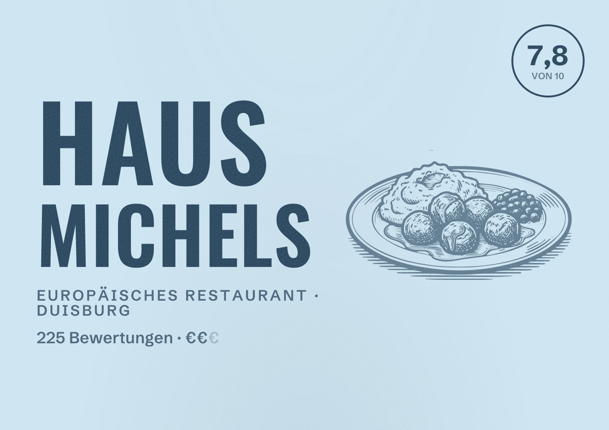 Illustriertes Poster von Haus Michels, Europäisches Restaurant in Duisburg: Gästebewertung 7,8 von 10 aus 225 Bewertungen