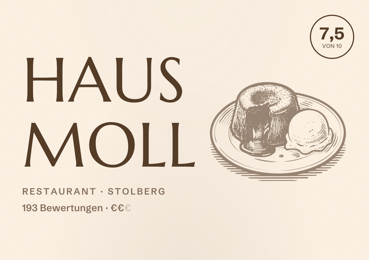 Illustriertes Poster von Haus Moll, Restaurant in Stolberg: Bewertung 7,5 von 10 aus 193 Bewertungen, Preisniveau €€