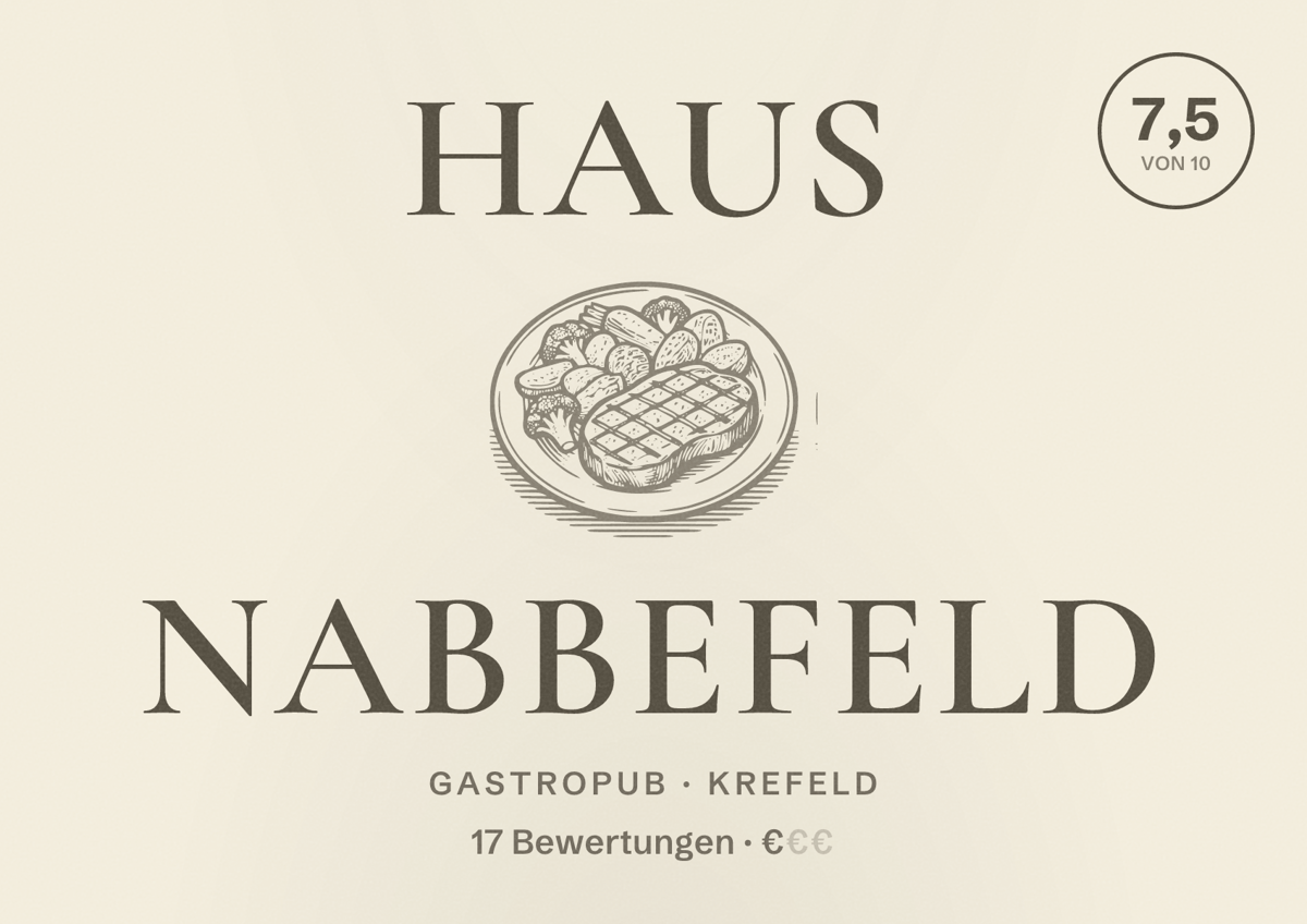 Illustriertes Poster von Haus Nabbefeld, Gastropub in Krefeld: Bewertung 7,5 von 10 aus 17 Bewertungen, Preisniveau €