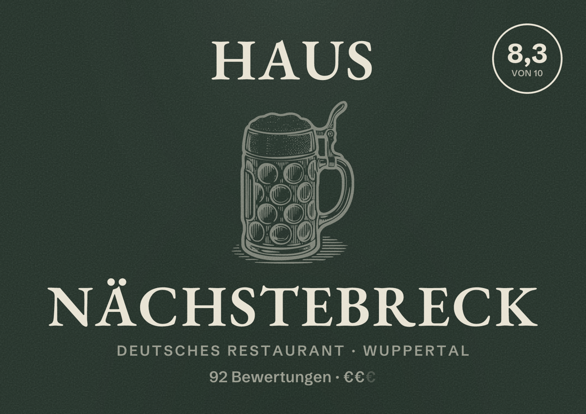 Illustriertes Poster von Haus Nächstebreck, Deutsches Restaurant in Wuppertal: Bewertung 8,3 von 10 aus 92 Bewertungen, Preisniveau €€