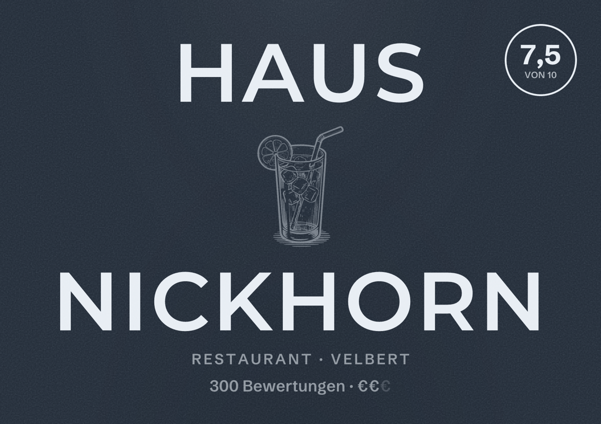 Illustriertes Poster von Haus Nickhorn, Restaurant in Velbert: Bewertung 7,5 von 10 aus 300 Bewertungen, Preisniveau €€