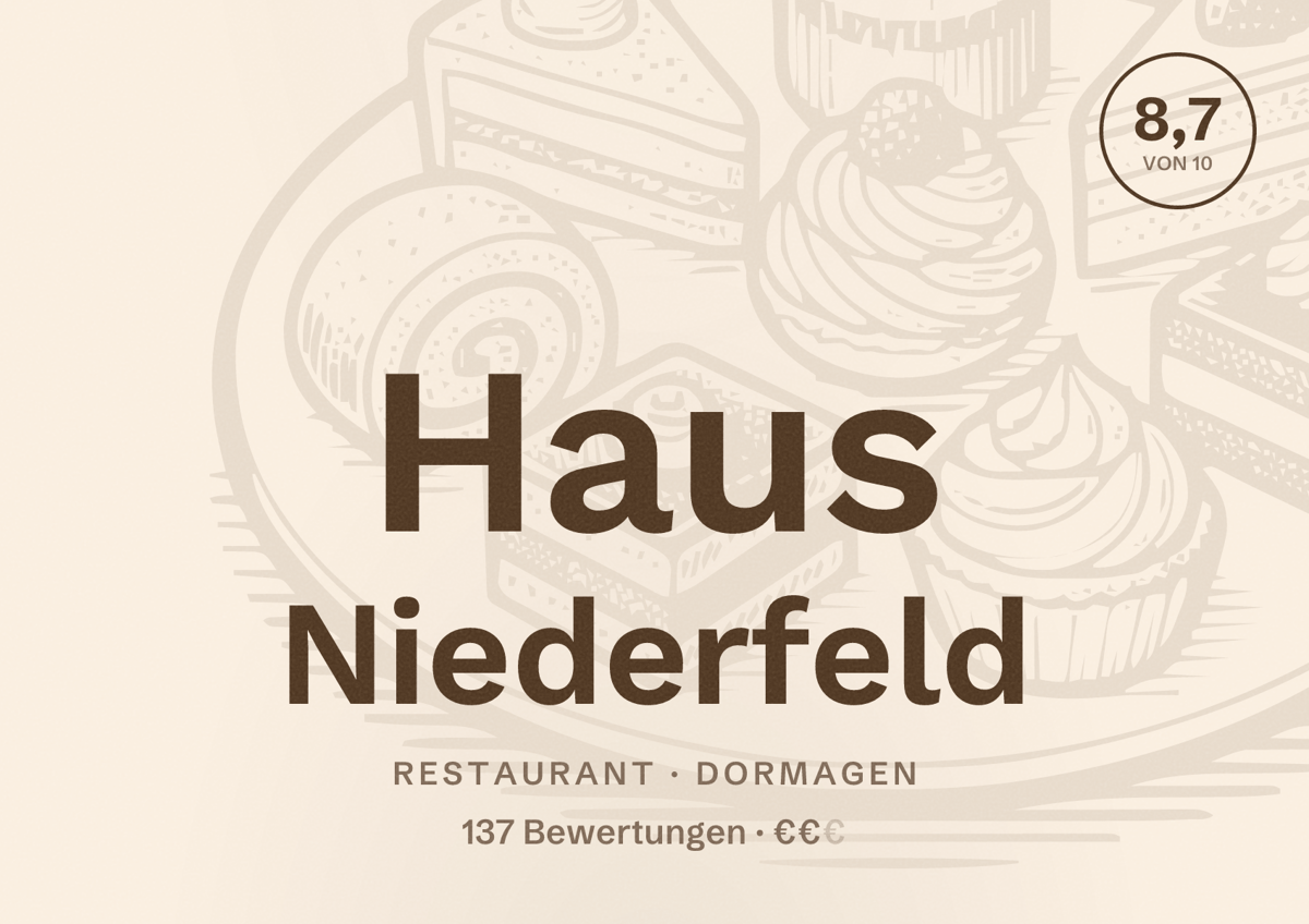 Illustriertes Poster von Haus Niederfeld, Restaurant in Dormagen: Bewertung 8,7 von 10 aus 137 Bewertungen, Preisniveau €€