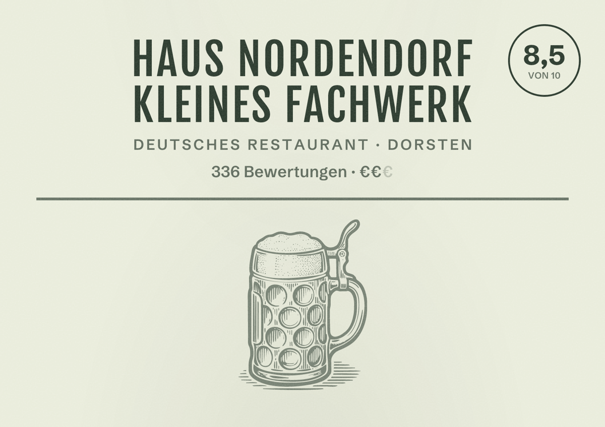 Illustriertes Poster von Haus Nordendorf Kleines Fachwerk, Deutsches Restaurant in Dorsten: Bewertung 8,5 von 10 aus 336 Bewertungen, Preisniveau €€