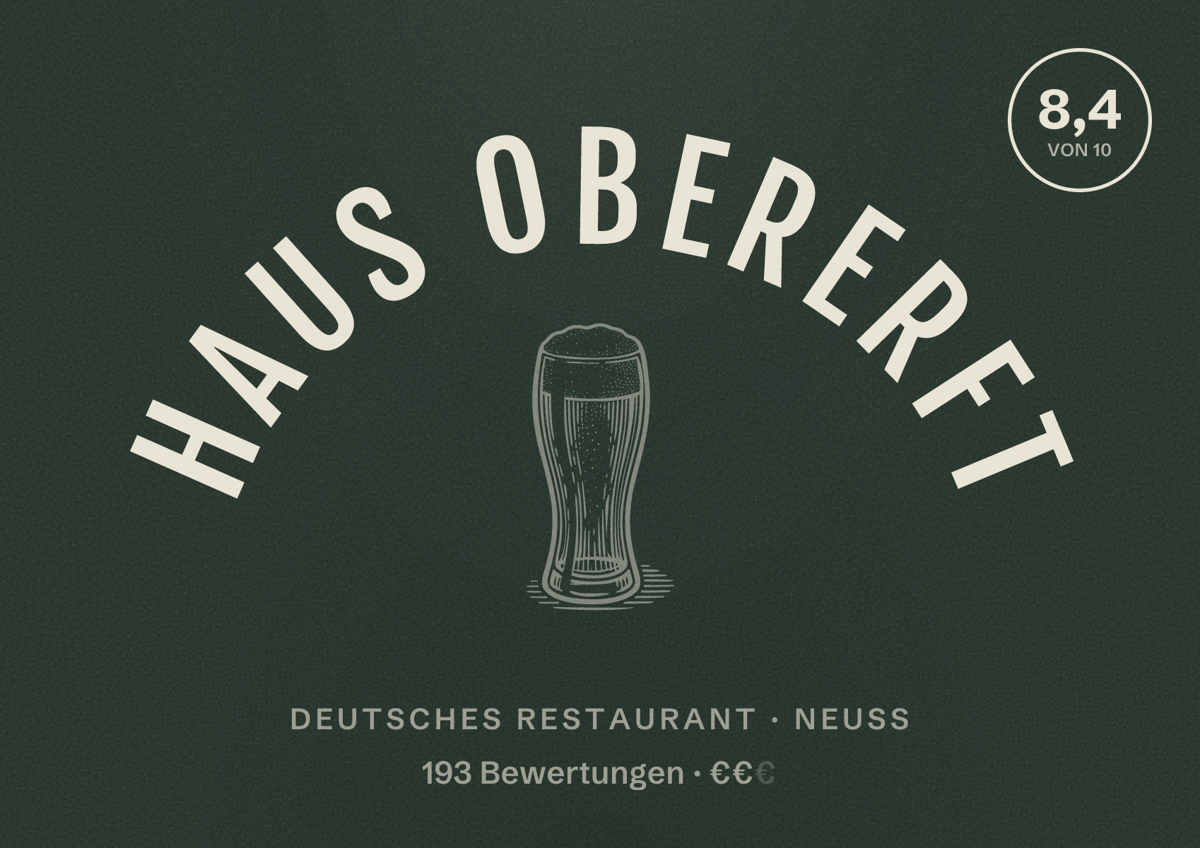 Illustriertes Poster von Haus Obererft, Deutsches Restaurant in Neuss: Bewertung 8,4 von 10 aus 193 Bewertungen, Preisniveau €€
