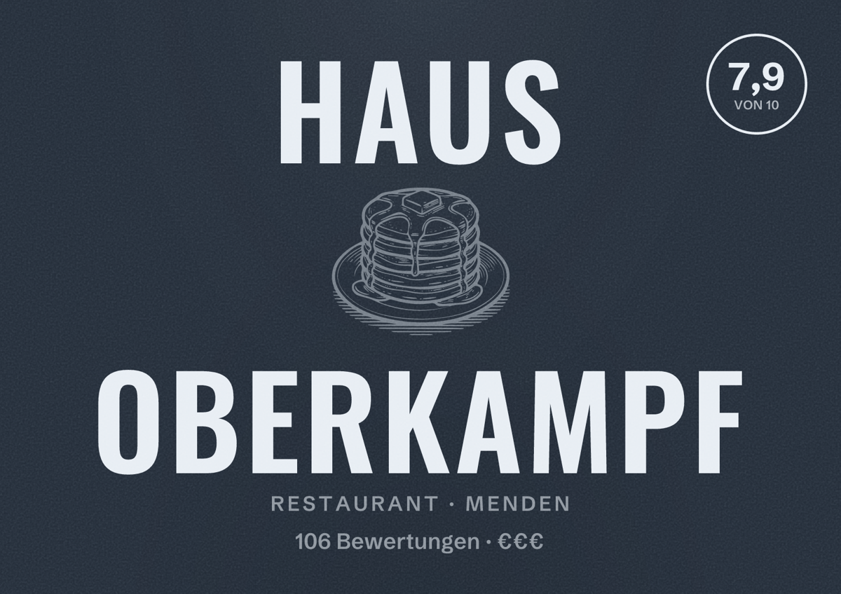 Illustriertes Poster von Haus Oberkampf, Restaurant in Menden: Bewertung 7,9 von 10 aus 106 Bewertungen, Preisniveau €€€